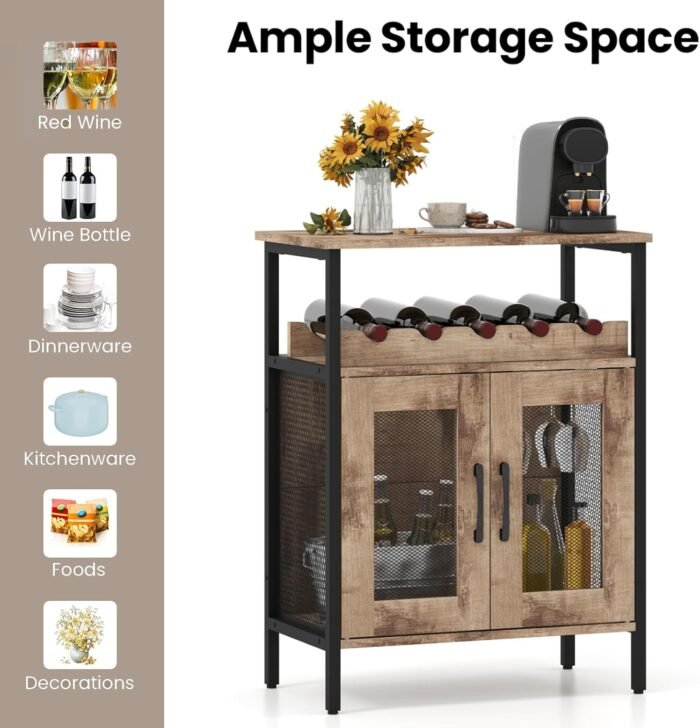 Wine Bar Cabinet, Grey Wash, 60 x 34 x 79 cm, Mesh-Door Cupboard with Glass Holder & Removable 4-Bottle Rack, Engineered Wood & Metal - Image 5