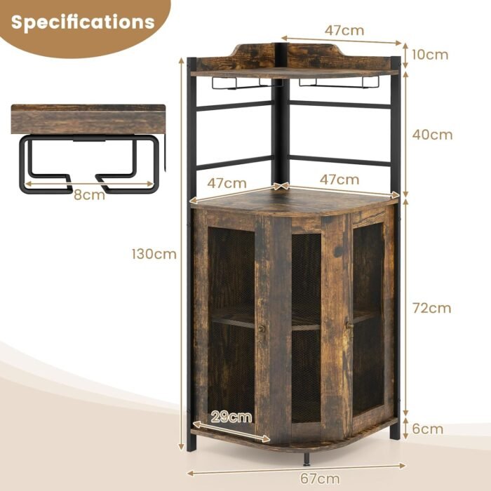 Corner Bar Cabinet, Rustic Brown, 47×47×130 cm, 2 Mesh Doors, Glass Holders, Adjustable Shelf, Anti-Tip Devices, Engineered Wood & Metal - Image 8