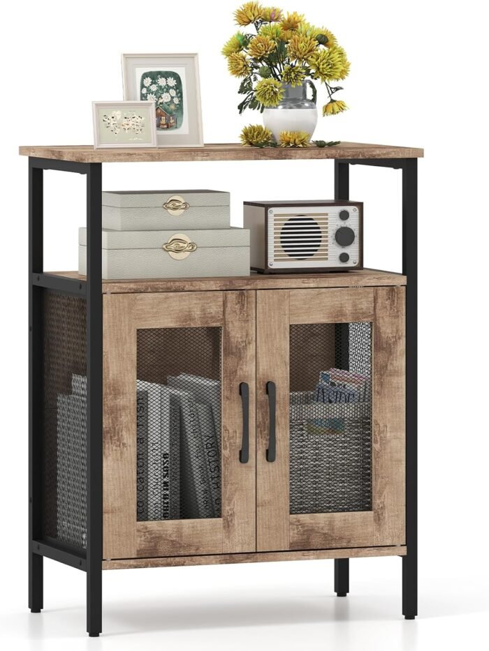 Wine Bar Cabinet, Grey Wash, 60 x 34 x 79 cm, Mesh-Door Cupboard with Glass Holder & Removable 4-Bottle Rack, Engineered Wood & Metal - Image 4