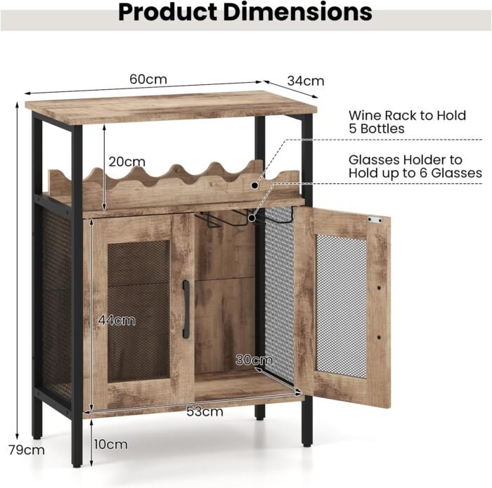 Wine Bar Cabinet, Grey Wash, 60 x 34 x 79 cm, Mesh-Door Cupboard with Glass Holder & Removable 4-Bottle Rack, Engineered Wood & Metal - Image 7