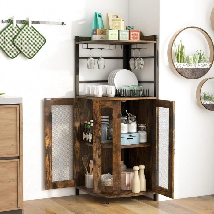 Corner Bar Cabinet, Rustic Brown, 47×47×130 cm, 2 Mesh Doors, Glass Holders, Adjustable Shelf, Anti-Tip Devices, Engineered Wood & Metal - Image 9