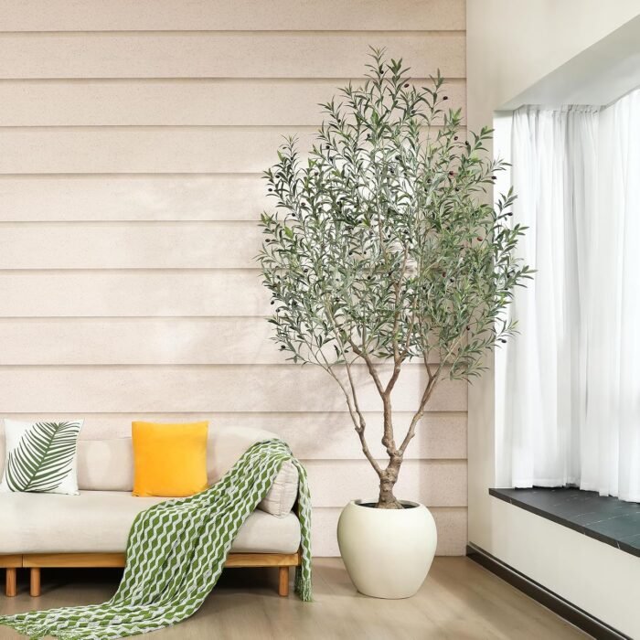 Artificial Olive Tree 8 ft (240 cm) Indoor with Round Planter, Bendable Branches, Hand-Painted Trunk, Green - Image 4