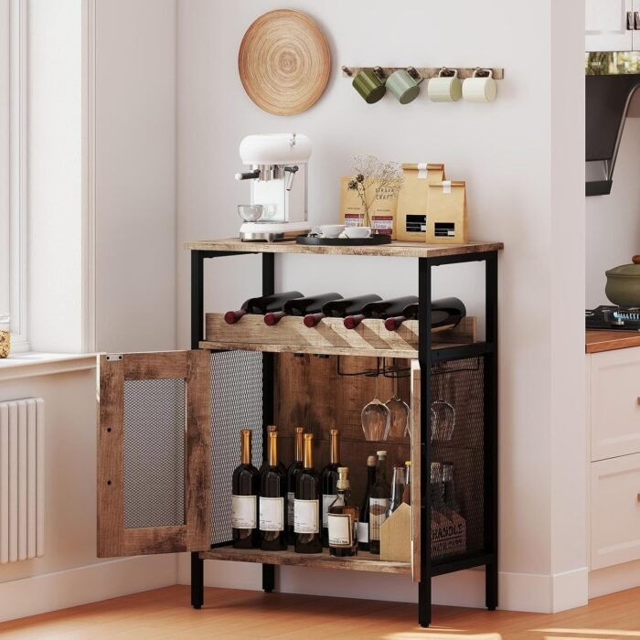 Wine Bar Cabinet, Grey Wash, 60 x 34 x 79 cm, Mesh-Door Cupboard with Glass Holder & Removable 4-Bottle Rack, Engineered Wood & Metal - Image 3
