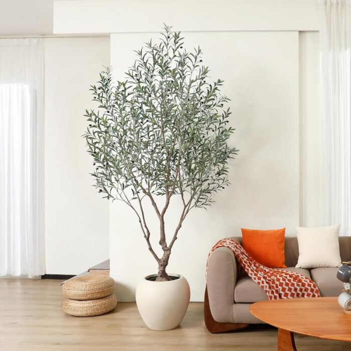 Artificial Olive Tree 8 ft (240 cm) Indoor with Round Planter, Bendable Branches, Hand-Painted Trunk, Green - Image 2