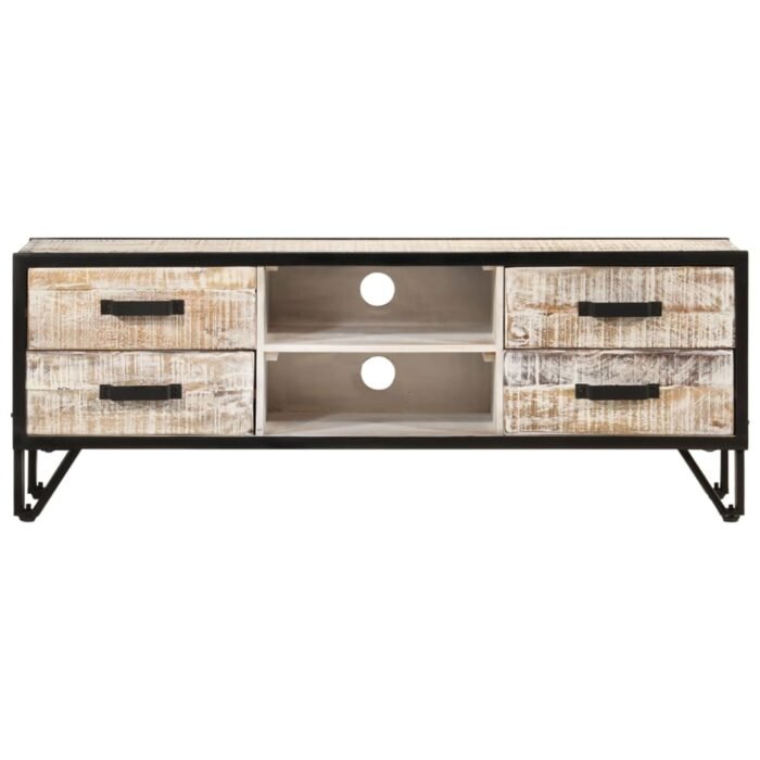 vidaXL Solid Acacia Wood TV Stand, 110 × 30 × 41 cm, 4 Drawers & 2 Open Compartments, Grey - Image 8