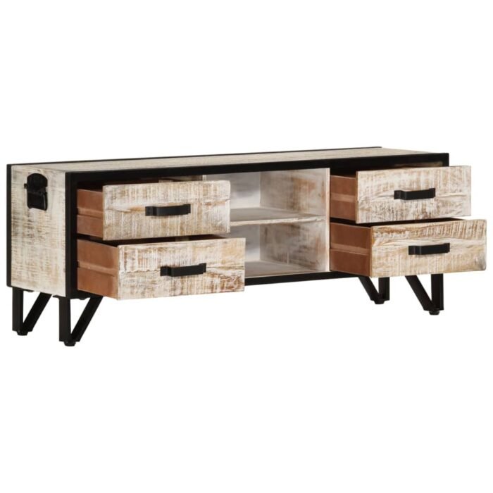 vidaXL Solid Acacia Wood TV Stand, 110 × 30 × 41 cm, 4 Drawers & 2 Open Compartments, Grey - Image 7