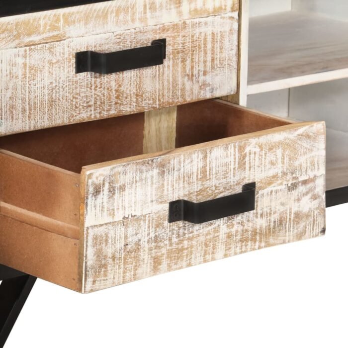 vidaXL Solid Acacia Wood TV Stand, 110 × 30 × 41 cm, 4 Drawers & 2 Open Compartments, Grey - Image 4