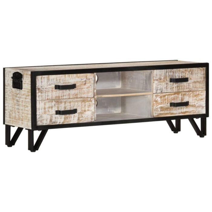 vidaXL Solid Acacia Wood TV Stand, 110 × 30 × 41 cm, 4 Drawers & 2 Open Compartments, Grey - Image 2