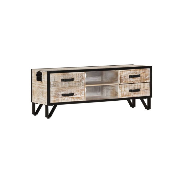 vidaXL Solid Acacia Wood TV Stand, 110 × 30 × 41 cm, 4 Drawers & 2 Open Compartments, Grey