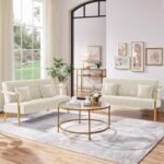 Beige Velvet 2-Seater Loveseat – Modern Sofa with Gold-Tone Frame - Image 2
