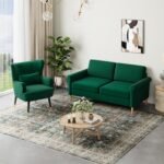 Olive Green Velvet 2-Seater Sofa with Storage Pockets – Compact Loveseat - Image 2