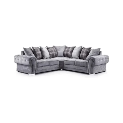Dark Grey Suede Fabric Corner Sofa – Modern 4-Seater with Scatter Cushions