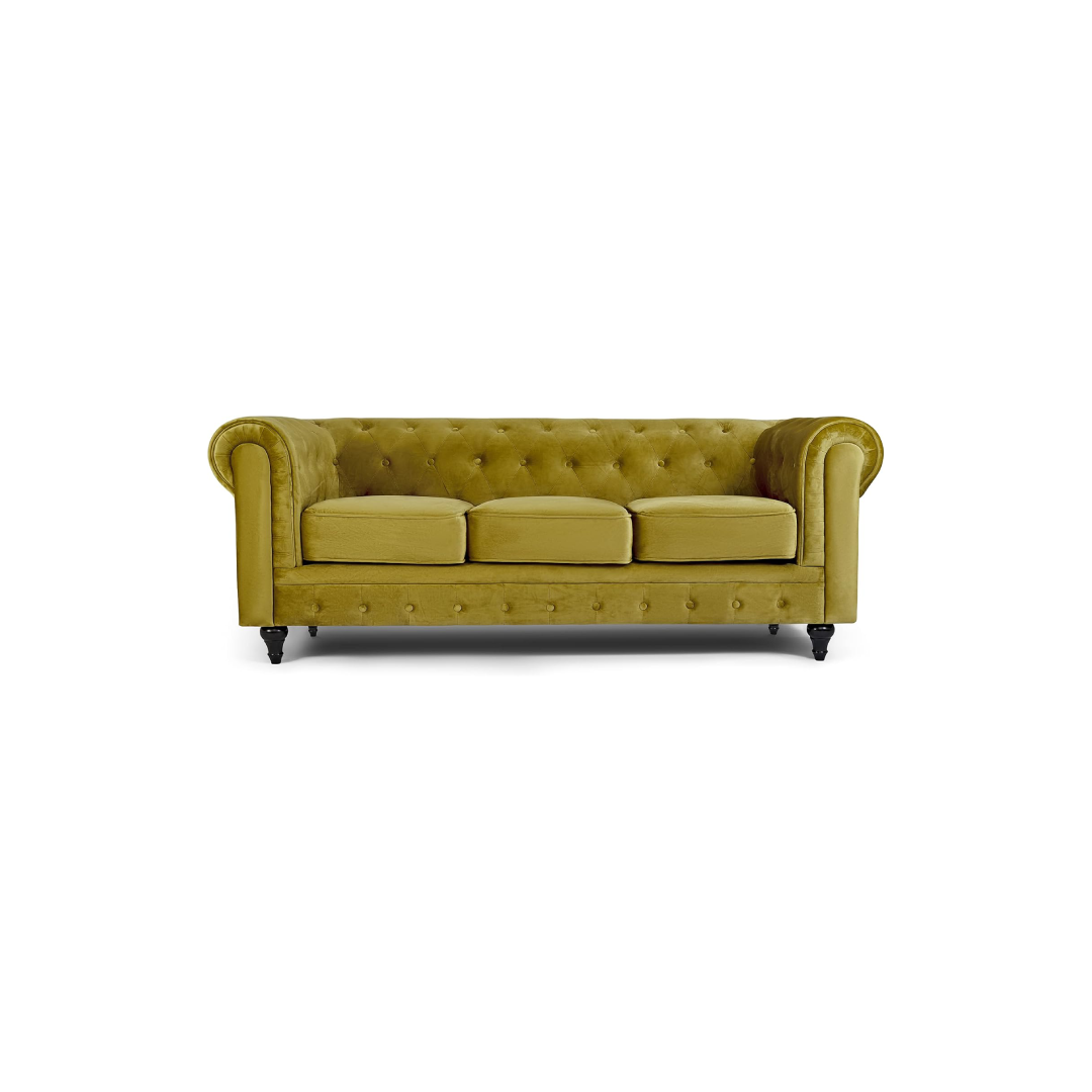 Gold Velvet Chesterfield Sofa – 3-Seater Plush Fabric Couch Gold Velvet Chesterfield Sofa – 3-Seater Plush Fabric Couch - Image 1